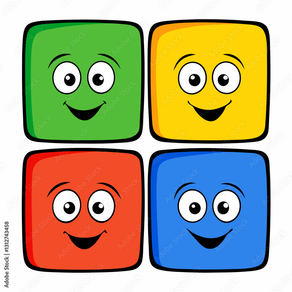 Poster set of four cute cartoon blocks with cheerful faces, each block is a different color and all of them