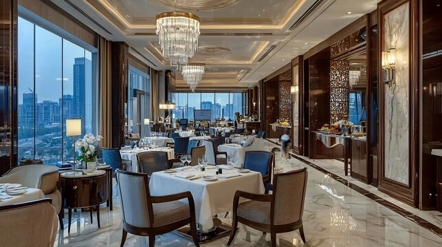 Luxurious business hotel where executives discuss billion dollar deals over fine dining