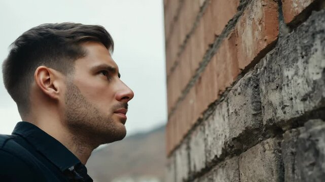 A serious young man is looking at a brick wall. It is suitable for designing motivational posters, advertisements and psychological themes.
