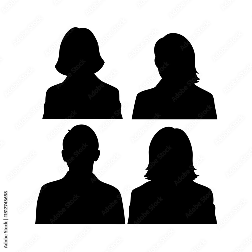 Poster set of four anonymous black silhouettes, positioned in a grid pattern. this image evokes themes of a