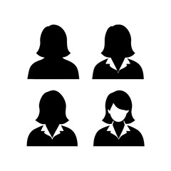set of four various silhouette icons of female figures, showcasing different hairstyles and attire, vector illustration