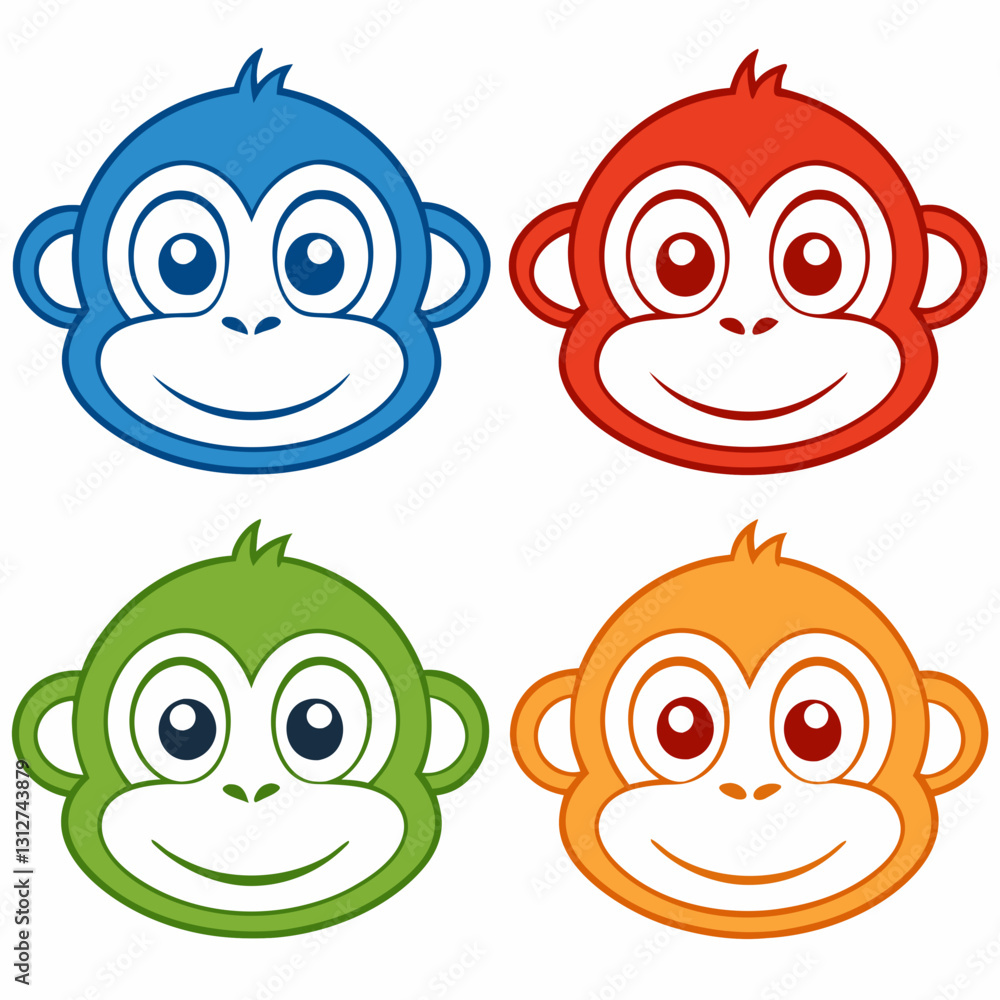Poster set of four colorful cartoon monkey mascot faces with cheerful expressions. each monkey is a differe