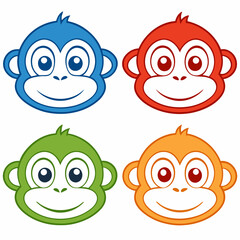 Fototapeta premium set of four colorful cartoon monkey mascot faces with cheerful expressions. Each monkey is a different vibrant color, vector illustration