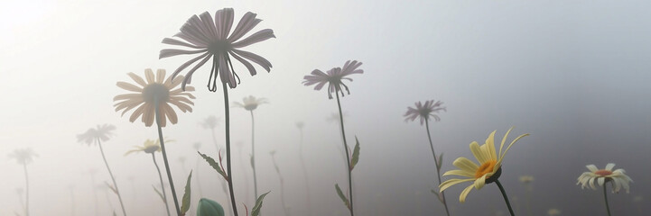  A conceptual, unusual futuristic sci-fi photograph of flowers in a thick foggy environment. Advanced technology and space elements