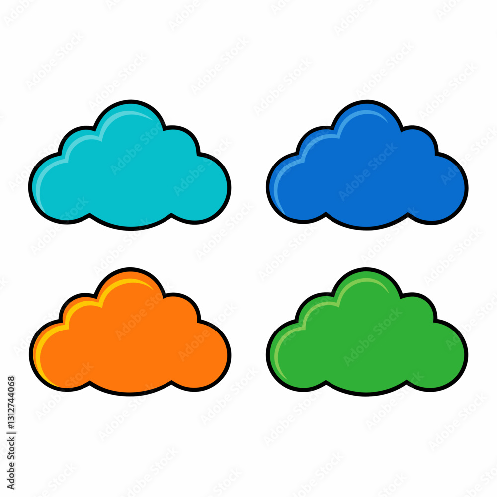 Poster a set of four colorful cloud icons with outlines, representing weather and atmospheric concepts vect