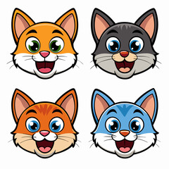 a set of four adorable cartoon cat heads, each with unique fur and eyes, displaying a cute expression. The artwork uses bright colors and bold outlines to emphasize the cute appearance