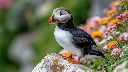 Naklejka premium Atlantic puffin perched on rock amidst wildflowers