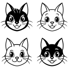 four adorable cartoon cat mascot faces with different color and patterns. They have big eyes and smiling faces. The image is in a simple, clean style, vector illustration