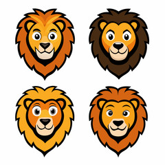 Obraz premium Set of four cartoon lion mascot heads featuring different colors and expressions, perfect for use in logos and designs. vector illustration