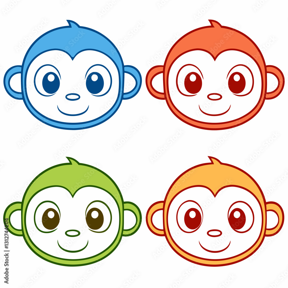 Poster set of four colorful monkey mascot face illustrations in different colors, each with a cheerful expr