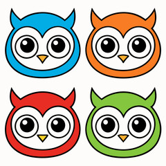 Fototapeta premium a set of four colorful owl cartoon illustration, each in a different vibrant hue: blue, orange, red, and green. These adorable owls have large, expressive eyes and a simple, appealing design