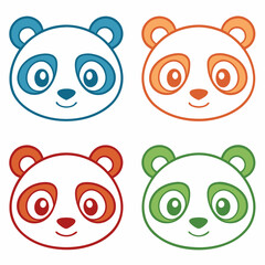 set of four cute panda mascot faces in different colors. blue, orange, red, and green, each with adorable expressions vector illustration