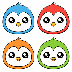 Fototapeta premium set of four colorful cartoon penguins mascot heads with big eyes and a cheerful expression, vector illustration