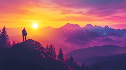 A solitary hiker appreciates the breathtaking mountain vista at sunset