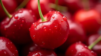 juicy red cherries with water droplets, fresh fruit