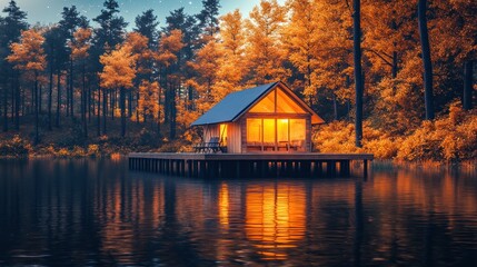 Fototapeta premium Autumn cabin on a lake at dusk