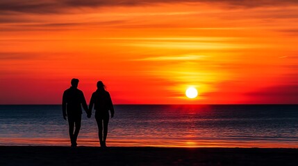 Fototapeta premium A Couple Walks Together Along a Beach During a Sunset
