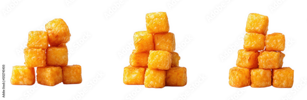 Poster three pyramids made of golden. crispy potato tots stacked neatly against a white background each pyr
