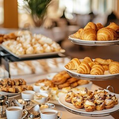 Enjoying a delightful coffee break with pastries and refreshments at a conference in a luxurious hotel setting. Generative AI