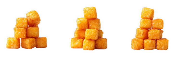three pyramids made of golden. crispy potato tots stacked neatly against a white background each pyramid consists of several layers of the tots. showcasing their texture and color the arrangement emph