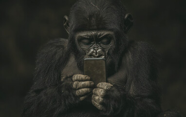 Fototapeta premium Gorilla Using Smartphone in Dark Setting