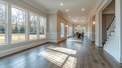 Spacious, sun-drenched dining room with large windows