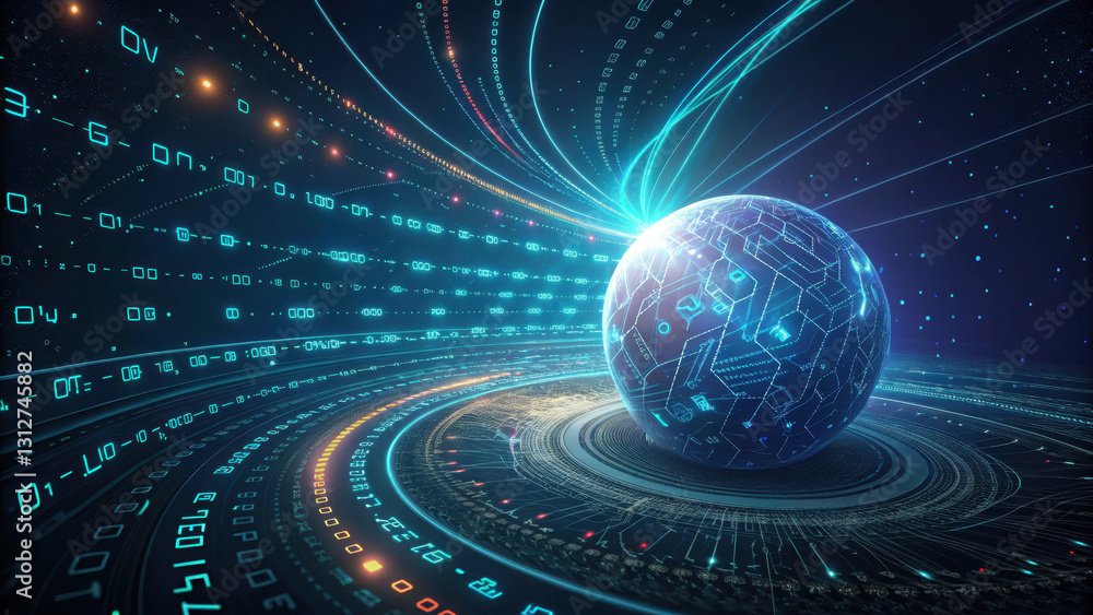 Poster futuristic digital globe surrounded by streams of data and light, representing advanced technology a