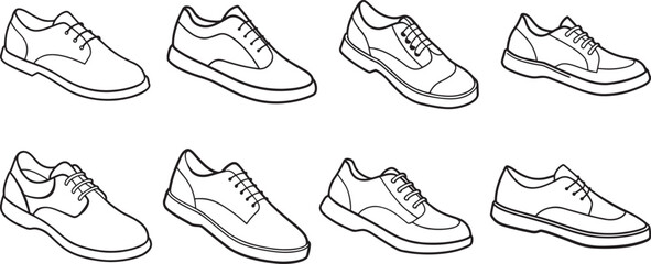 set of shoes line art, black outline, vector and illustration, coloring book page line art drawing