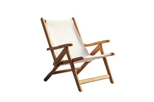 Stylish wooden deck chair with cream fabric for relaxation outdoors during warm days