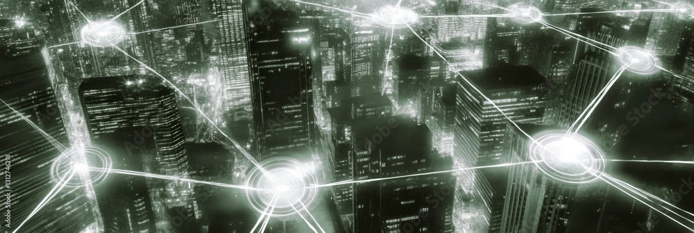 Poster cityscape with interconnected luminous nodes and pathways