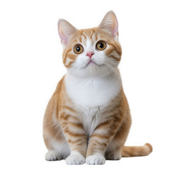cute orange and white striped cat sitting upright. looking curiously at the viewer with large. expressive eyes the background is plain white. emphasizing the cat's features and playful demeanor. makin