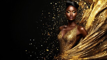 Stunning Black woman in a shimmering gold dress, radiating elegance and glamour against a dark background.
