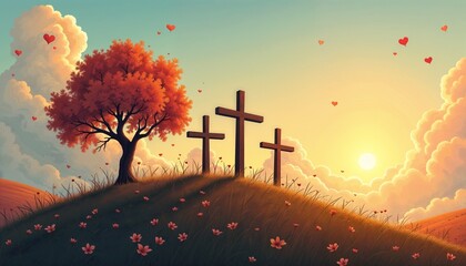Three crosses on a hill with a tree and hearts in the sky during a beautiful sunset