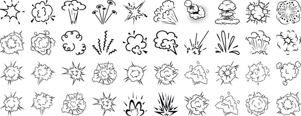 Explosion icon set, bomb blast illustrations, explosion graphics, nuclear explosion symbols, comic explosion art vecto
