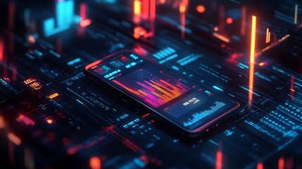 Fototapeta premium Futuristic Smartphone Data Interface, A futuristic digital interface with a smartphone displaying data charts and graphs