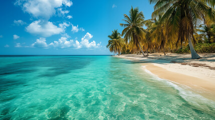 Naklejka premium Tropical sandy beach with crystal clear water and palm trees, bright turquoise and green colors