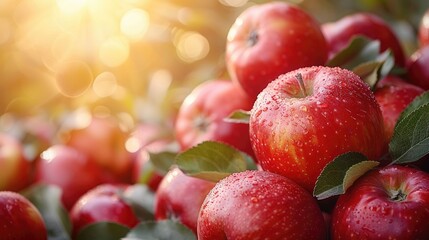 Obraz premium A close-up of fresh red apples with droplets, illuminated by warm sunlight.