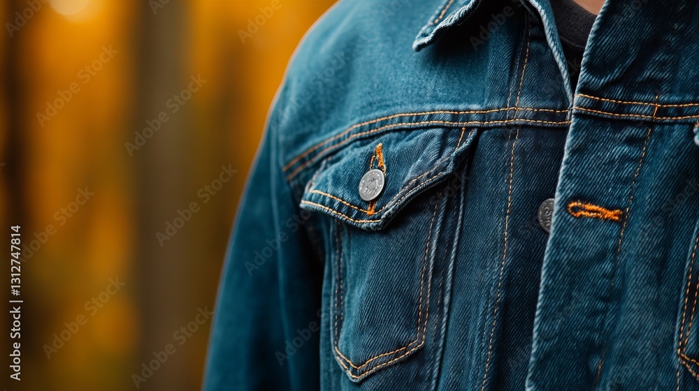 Poster close-up of a denim jacket pocket. the deep blue color and contrasting stitching create a visually a