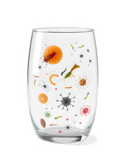 Glass with samples of dangerous parasites. Study of microorganisms bacteria and viruses, prevent spread of diseases concept. Flat paper sticker icon isolated on white background