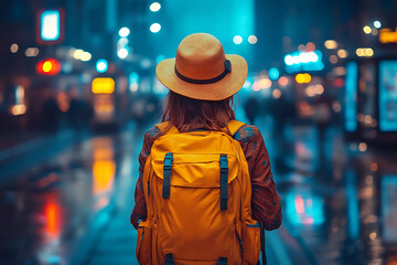 Obraz premium Exploring a vibrant city at night with a backpack and a hat