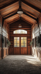 Luxury wooden horse stable interior with high ceilings and natural light - vertical format