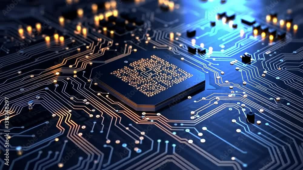 Poster a close-up, angled view of a glowing microchip on a circuit board, showcasing futuristic technology.