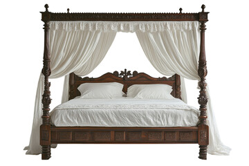 Stylish four-poster bed with ornate wooden design and flowing white drapery perfect for a cozy bedroom