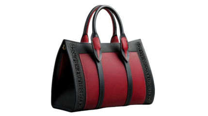 Elegant red and black leather handbag with transparent background