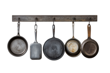 Collection of vintage cooking pots and pans hanging on a rustic metal rack in a well-lit kitchen setting