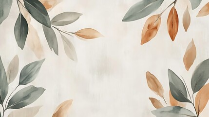 Watercolor autumn leaves border on beige background.  Elegant design