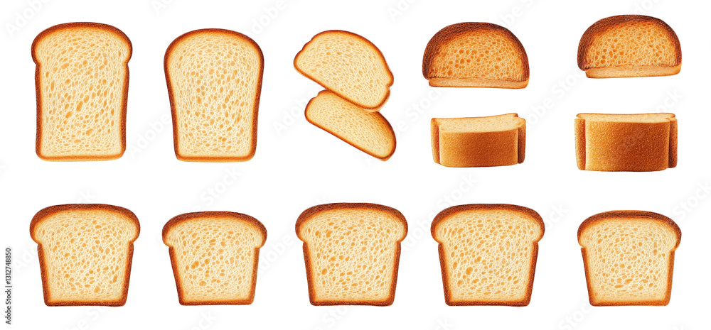 Poster various slices and shapes of bread arranged in a neat layout. showcasing their texture and form the 
