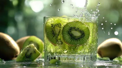 Refreshing Kiwi Cocktail Splashing with Green Fruit in a Clear Glass on a Bright Tabletop