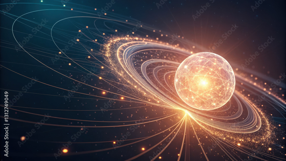 Poster glowing energy core with streams of information radiates in space, surrounded by swirling particles 