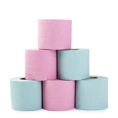 Stack of colorful toilet paper rolls isolated on white